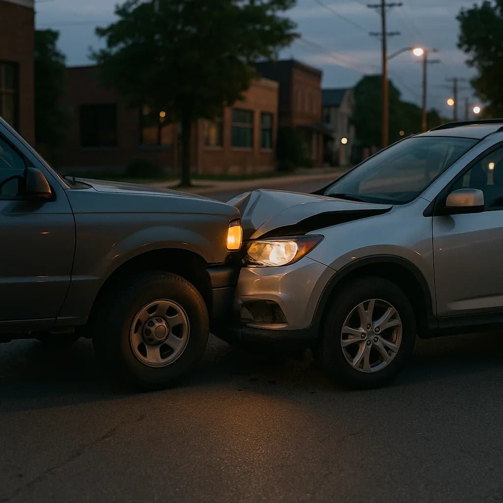 Two cars damaged in front-end collision on residential street at dusk