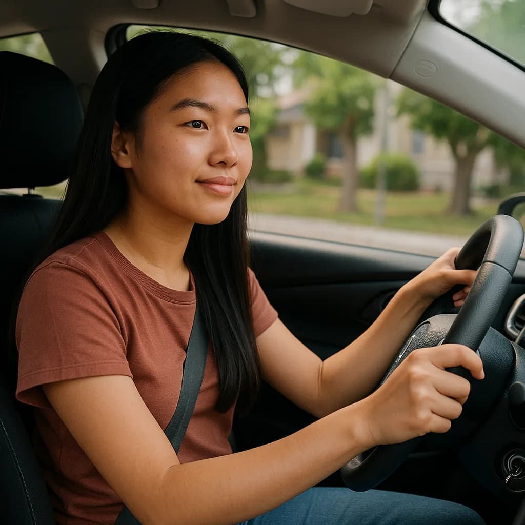 Young woman with long dark hair sitting in driver's seat holding steering wheel, smiling at camera
