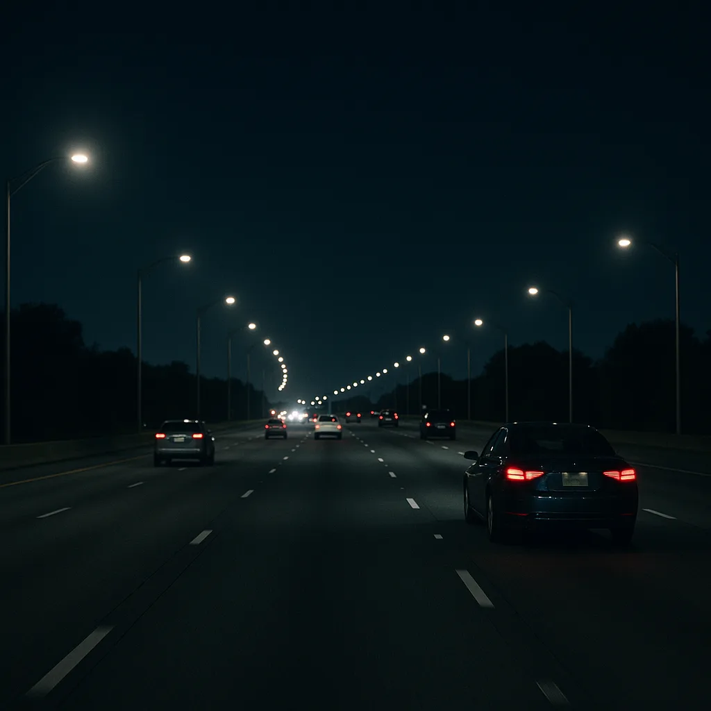 Nighttime highway driving scene with illuminated street lights and car tail lights on a multi-lane road