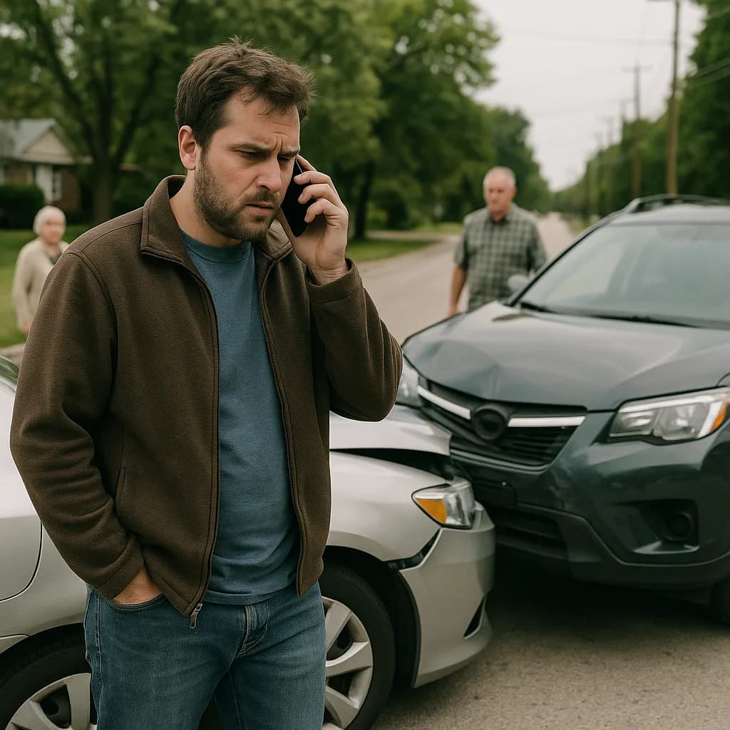 Man on phone call at car accident scene with damaged vehicles on suburban street